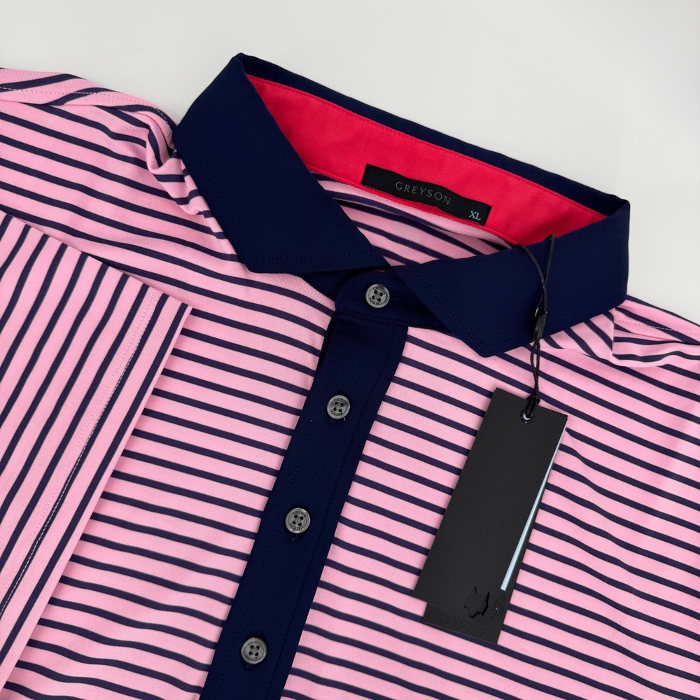 Greyson Natchez Polo Shirt Mens XL Plumeria Pink Blue‎ Striped Golf Shirt